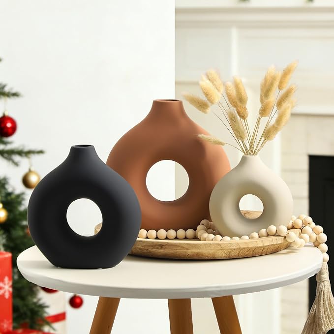 Vanselia Ceramic Vase Home Table Decor - Flower Vases Set of 3 Small Living Room Centerpiece Decorations for Shelf Bedroom Office Kitchen Dining Desk Modern Aesthetic Farmhouse Decorative (Rust) - Image 9