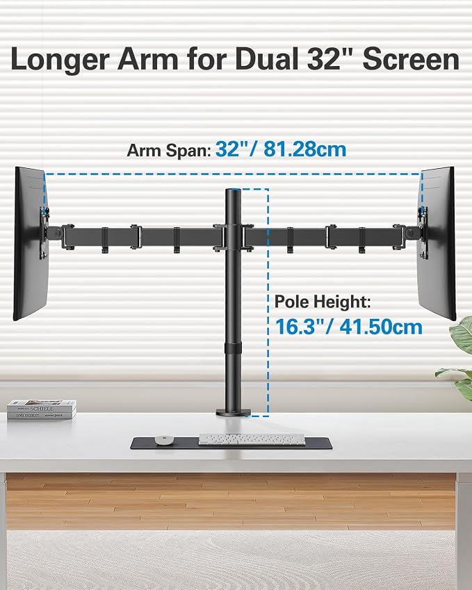 HUANUO Dual Monitor Mount for 13-32 Inch Screens, 17.6 lbs per Arm | Dual screen setup, tilt, swivel, rotation, 16.3 inch pole, cable clips, C-clamp or grommet, VESA 75x75/100x100mm - Image 6