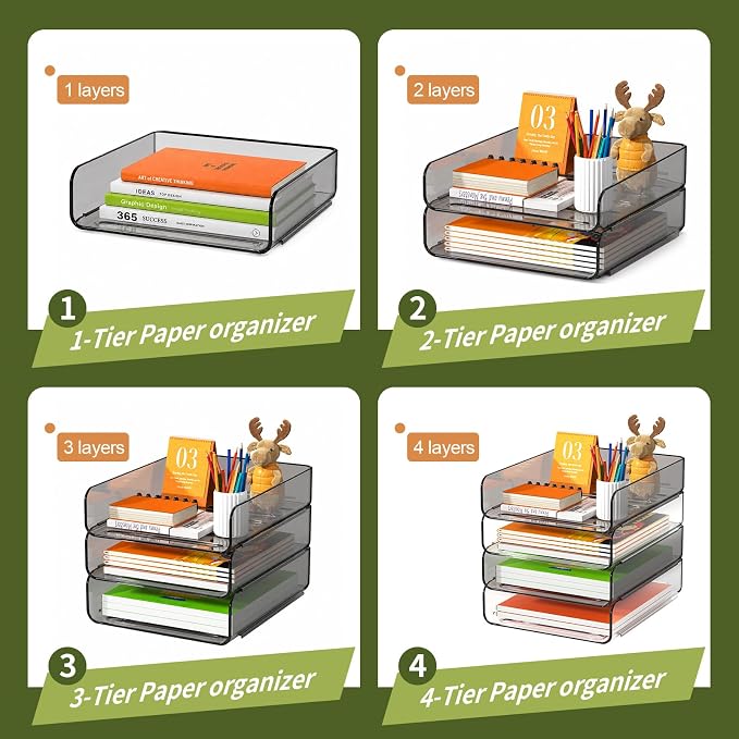 FANXIYQ 4-Tier Acrylic Paper Tray Organizer, 2-Tone Office Paper Organizer | Stackable, Tool-Free Design with 2-4 Tiers for A4 Paper, Files, Books and Mail; Ideal for School, Home Office and Study Room - Image 6