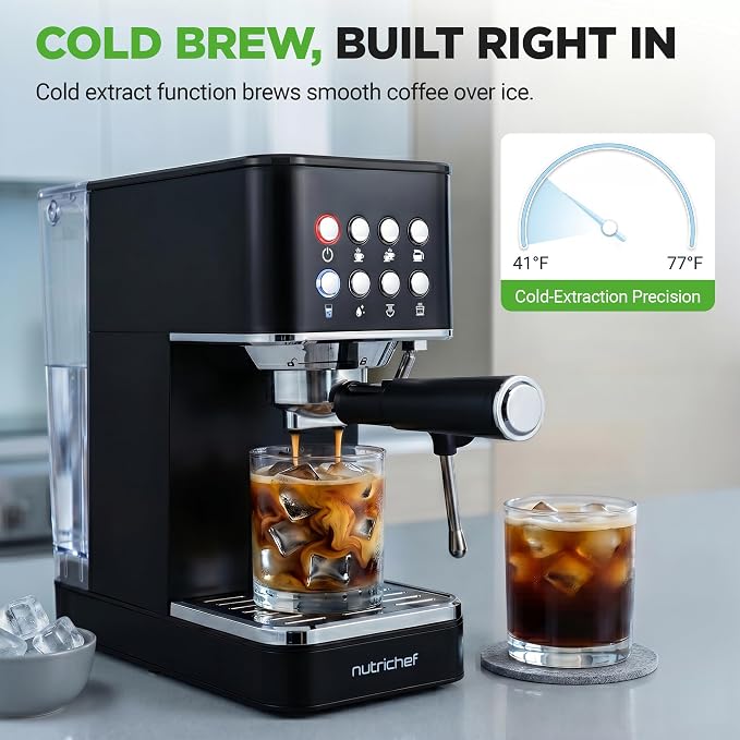 NutriChef 20-Bar Espresso Maker With Milk Frother | Removable 1.8 Quart Water Tank | Coffee Maker for Brewing Espresso, Cappuccino, Latte, Americano & Cold Brew Coffees | Black - Image 4