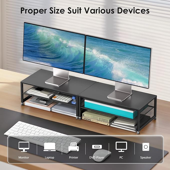 ECOLOVI 2-Tier Computer Monitor Stand Riser, Desk Organizer for Monitor, Printer & Laptop Stand, Desktop Workspace Organizers for Office Supplies(Black) - Image 3