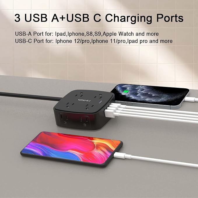 20 Ft Surge Protector Power Strip - 8 Widely Outlets with 4 USB Ports, 3 Side Outlet Extender with 20 Feet Extension Cord, Flat Plug, Wall Mount, Desk USB Charging Station, ETL, Black - Image 3