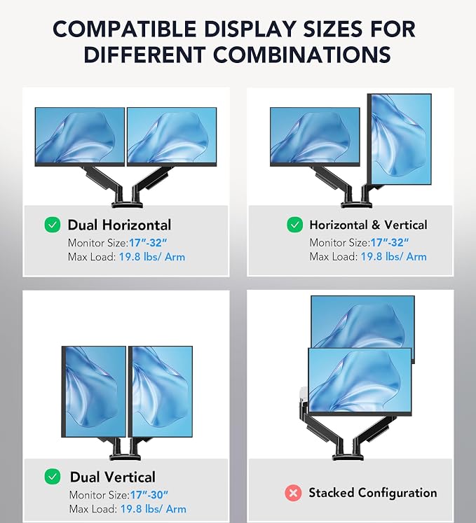 Dual Monitor Stand, Adjustable Monitor Desk Mount for 17″–32″ Computer Screens, Full Motion VESA 75x75/100x100 with C-Clamp & Grommet Aluminum Base, Each Arm Holds 4.4 to 20 lbs AX09DB201 - Image 3