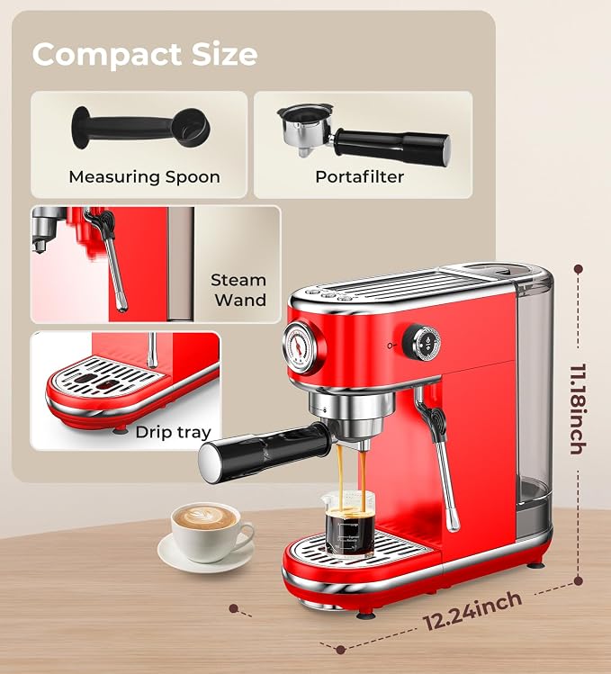 atatix 20 Bar Espresso Machine with Milk Frother, Compact Espresso Maker | Stainless Steel Coffee Machine with Precise Temp Control & 44oz Removable Water Tank for Latte, Cappuccino, Red - Image 9
