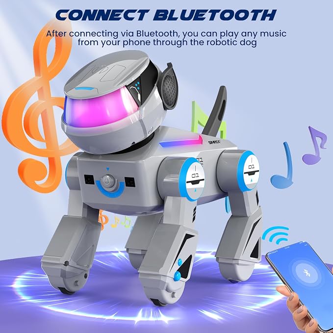 SIMREX Robot Dog Toys for Kids – Smart Interactive Robot Puppy with Bluetooth,Touch Sensor, Dance Tricks, LED Eyes, 2 Rechargeable Batteries, Gift for Kids Boys and Girls(Gray) - Image 7