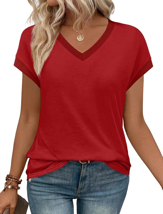 WIHOLL Womens Summer Tops 2026 Cap Short Sleeve Shirs V Neck T Shirts Fashion Beach Vacation Clothes Color Block - Image 2