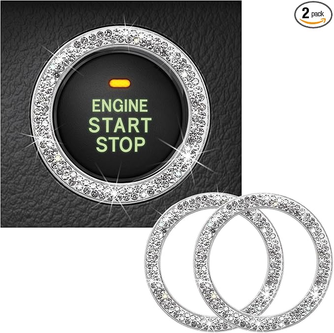 Kewucn 2 PCS Bling Crystal Double Rhinestone Car Engine Start Decoration Ring, Sparkling Push Start Button Sticker, Key Ignition & Knob Ring Decoration, Bling Car Interior Accessory(White) by Kewucn