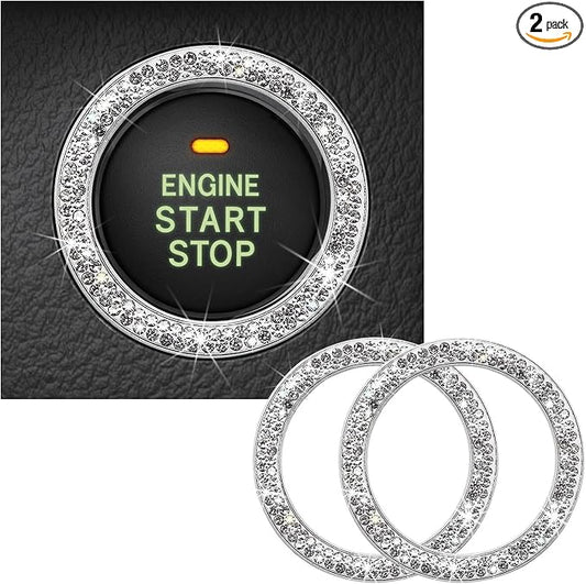 Kewucn 2 PCS Bling Crystal Double Rhinestone Car Engine Start Decoration Ring, Sparkling Push Start Button Sticker, Key Ignition & Knob Ring Decoration, Bling Car Interior Accessory(White) by Kewucn