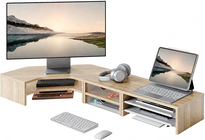 Fenge Dual Monitor Stand, 2-Tier Corner Monitor Riser with Drawer and Slide-out Tray, Triangle Desktop Shelf Organizer for Laptop Computer Printer Home Office Desk, Oak by Fenge