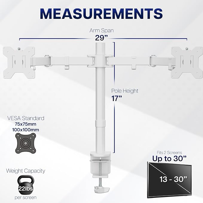 VIVO Dual Monitor Desk Mount for 13 to 30 inch Screens, STAND-V002W | White, Articulating, Adjustable Monitor Arm, Grommet or C-Clamp Mounting, Computer Stand for 2 Monitors, Holds 22 lbs Each - Image 4