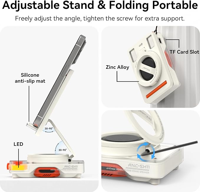 ANCwear Bluetooth Speaker Phone Stand for Desk, Portable Wireless Speaker with Adjustable Cell Phone Holder, Bluetooth 5.4 Audio Stand with TF Card Slot for Kitchen Bedside, Cool Tech Gift (Withe) - Image 2