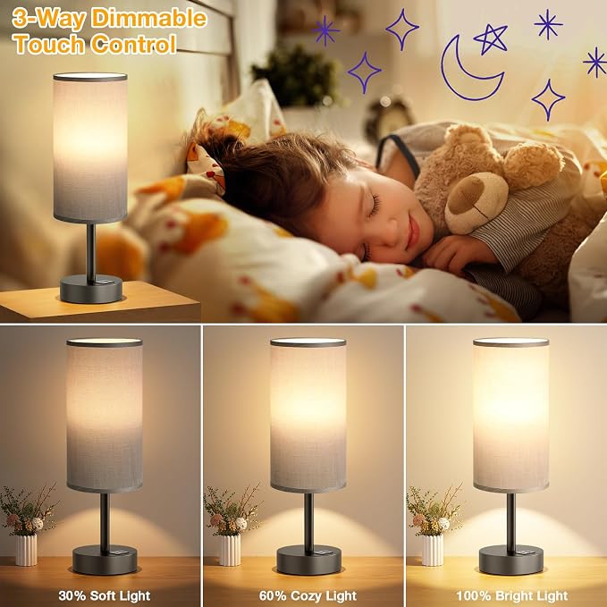 Dicoool Bedside Table Lamp for Bedroom - 3-Way Dimmable Touch Lamp, USB A+C | LED Bulb Included, 14" Small Nightstand Lamp for Desk, Living Room, Guest Room, Grey Fabric Lampshade, Grey Metal Base - Image 3