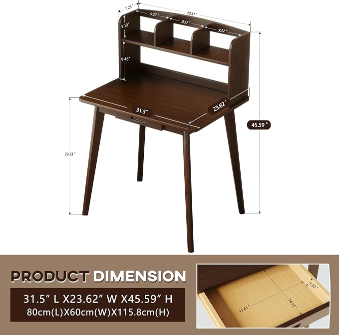 IOTXY Small Writing Desk with Hutch - 31.5" Work Computer Study Table | Black Walnut, Storage Drawer, Space-saving for Home and Office, with Bookshelves - Image 2