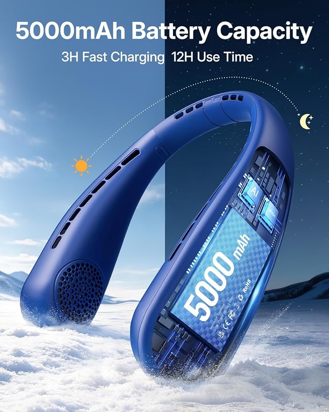 SHEWIND Portable Neck Fan - Hands Free Personal Fan, Rechargeable Bladeless Fan with 5000mAh-Battery, Digital Display, 4 Speeds, Birthday Gifts for Men, Women, Mom, and Dad - Blue - Image 4