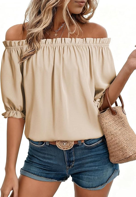 EVALESS Womens Tops Off The Shoulder Blouses for Women Dressy Casual Cute Puff Sleeve T Shirts Fashion 2026 by EVALESS