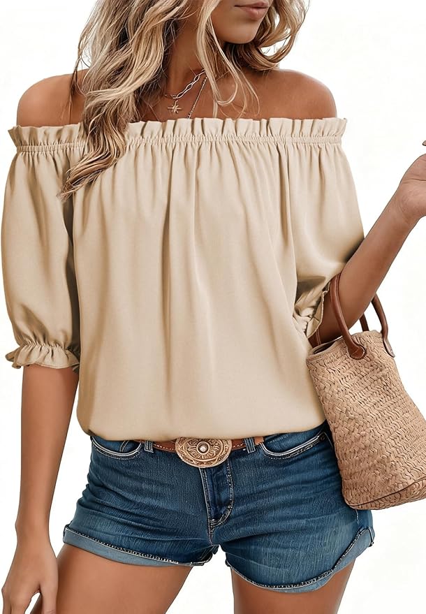 EVALESS Womens Tops Off The Shoulder Blouses for Women Dressy Casual Cute Puff Sleeve T Shirts Fashion 2026 by EVALESS