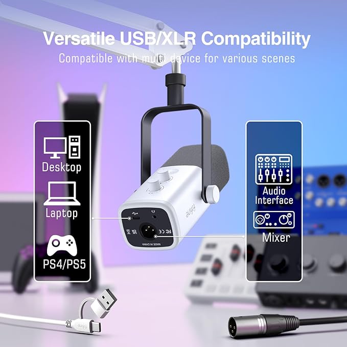 FIFINE AmpliGame AM8TW Gaming XLR/USB Microphone Kit Streaming Dynamic Mic | Computer Mic with Controllable RGB, Headphones Jack, Gain Knob, Arm Stand, for Vocal Podcast Recording Voiceover, White - Image 3