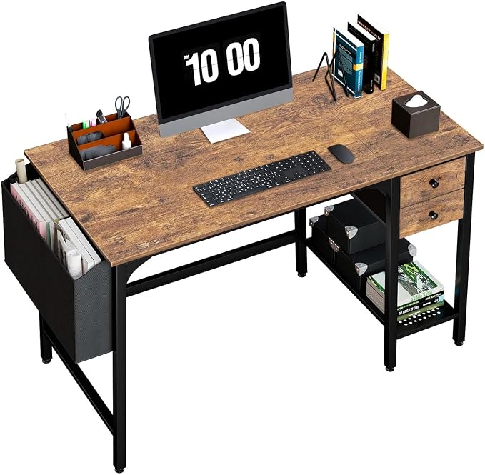 Lufeiya Computer Desk with Drawers - 40 Inch Work Reversible Small Desk for Bedroom Home Office, Simple Study Writing Table PC Desks with Drawer Storage Shelves, Rustic Brown by LUFEIYA