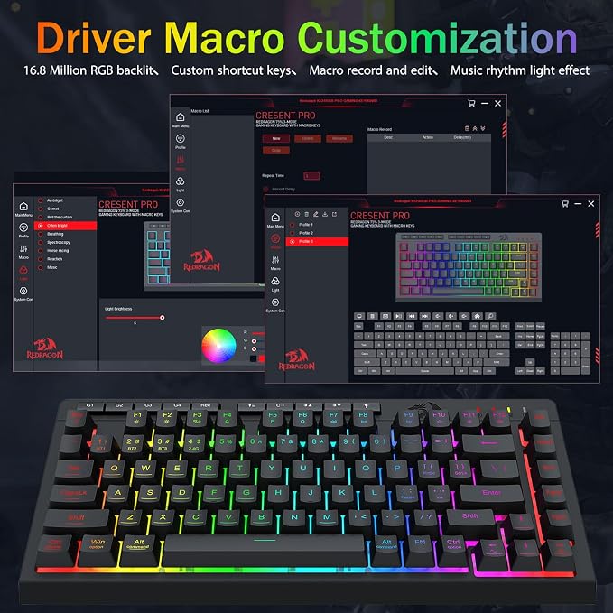 Redragon Wireless Gaming Keyboard, RGB Backlit, Portable 75% Design, Black | Bluetooth/2.4GHz/USB-C Wired, Mini Quiet Macro Membrane Keyboard, Rechargeable 4000mAh Battery, Anti-Ghosting for Win/MAC - Image 7
