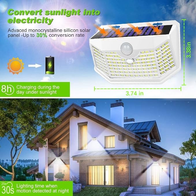 HMCITY 120 LED Solar Lights Outdoor with Motion Sensor and 3 Lighting Modes, IP65 Waterproof Wide Solar Wall Lights Ideal for Garden Patio Yard (Front Button 2Packs, White Shell-Daylight White) - Image 3