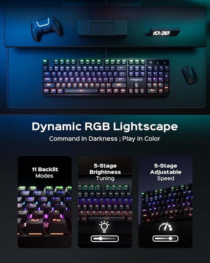 wegear Wired Mechanical Gaming Keyboard with Clicky Switch,104-Key, Black | Full Size, 11 Modes RGB Backlit, Anti-Ghosting, Double-Shot ABS Keycaps, Lighted Computer Key-Board for PC Windows - Image 3
