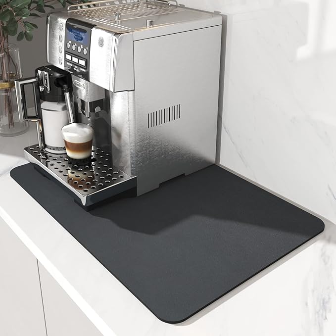 AMOAMI-Coffee Mat Hide Stain Rubber Backed Absorbent Dish Drying Mat for Kitchen Counter-Coffee Bar Accessories Fit Under Coffee Maker, Espresso Machine, Pot, Dish Rack,16"x24" Dark Grey by AMOAMI