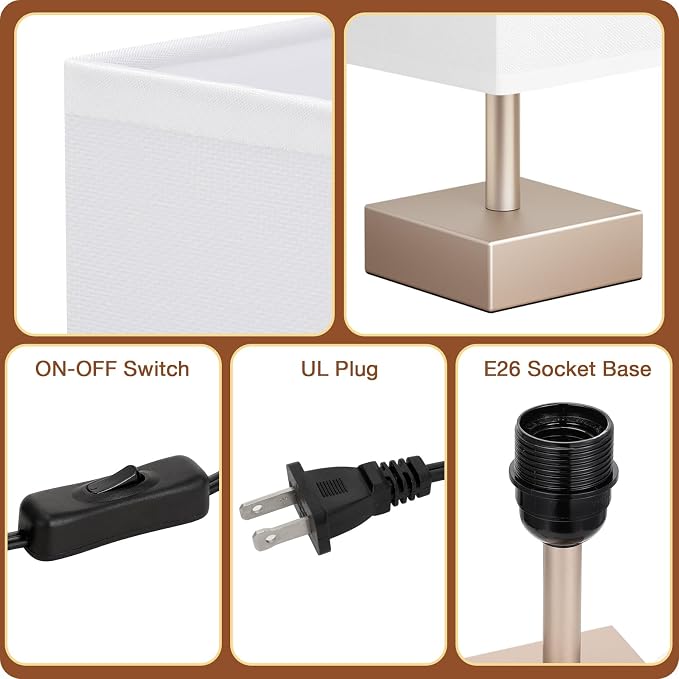 Antique White Small Bedside Lamp for Bedroom - Square White Fabric Shade | Inline Rocker Switch, Corded Electric, Bulb Not Included, 12.8" Mini Table Lamp for Nightstand, Desk, Dorm, Office - Image 6