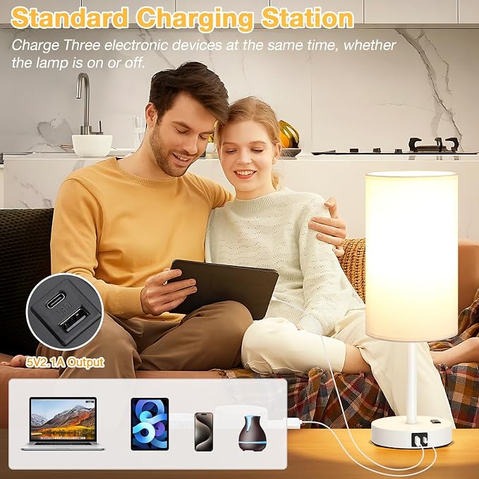 Dicoool 17.4" Bedside Lamp for Bedroom - Dimmable Touch, USB A+C, AC Outlet | LED Bulb Included, 3-Way Dimmable, 17.4" Table Lamp for Living Room, Dorm, White Fabric Lampshade, White Metal Base - Image 4