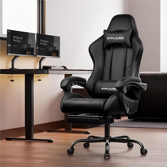 GTPLAYER Gaming Chair, Computer Chair with Footrest and Lumbar Support, Height Adjustable Game Chair with 360°-Swivel Seat and Headrest and for Office or Gaming (Faux Leather, Black) - Image 2