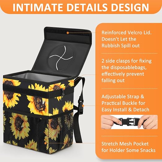 Vankor Car Trash Can for Car Cute,Bag Bin Hanging Waterproof Automotive Garbage Cans Leak Proof Vehicle Trash Can Sunflower - Image 4