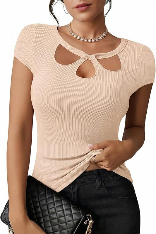 Pink Queen Sexy Tops for Women Cutout Keyhole Neck Cap Sleeve Shirts Casual Summer Clothes 2026 Fashion by PinkQueen