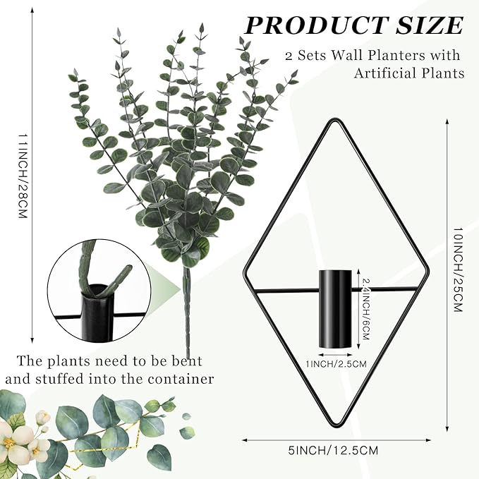 Jexine 4 Pcs Hanging Planters with Artificial Eucalyptus Metal Hanging Vase Indoor Plants Holder Modern Geometric Boho Bathroom Wall Decor for Living Room Home Office(Black) - Image 2