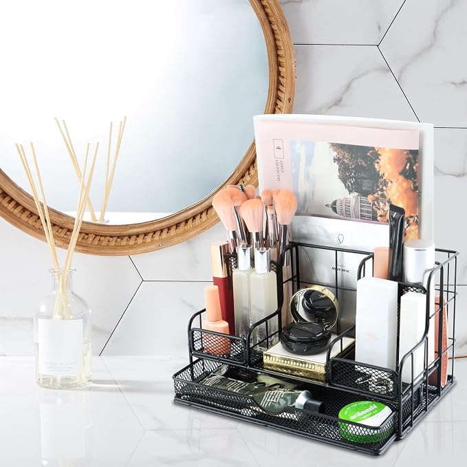 Desk Organizers Caddy and Accessories with 7 Compartments + Pen Holder / 72 Clips Set, Drawer, Black Mesh Office Supplies Desktop Organizer for Home, Office Ect - Image 7