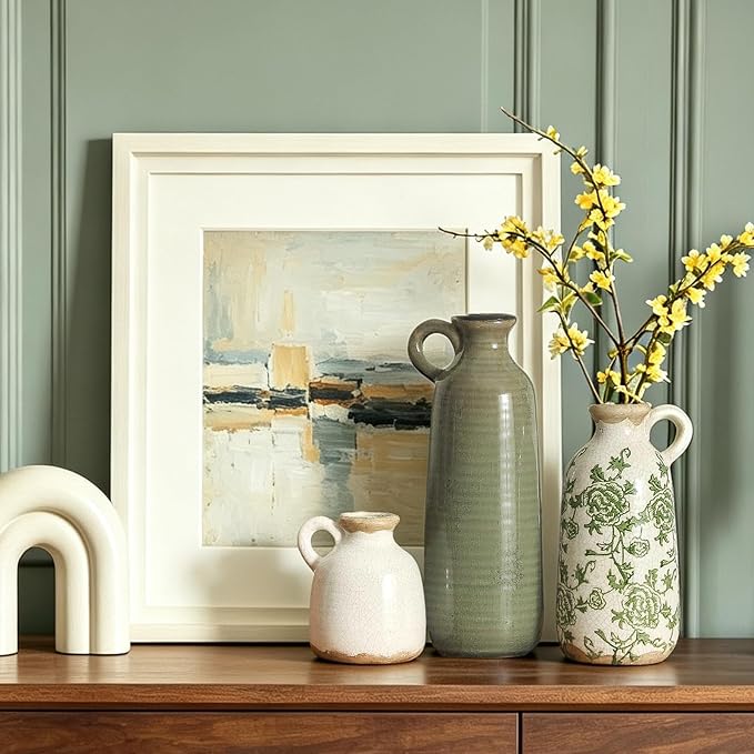 Vintage Vase Set of 3 with Handle, Ceramic Vintage Rustic Vases Home Decor Farmhouse Decorative Vase Pottery Decor Modern for Table Mantel Entryway Bookshelf Living Room Kitchen Bedroom - Green - Image 6