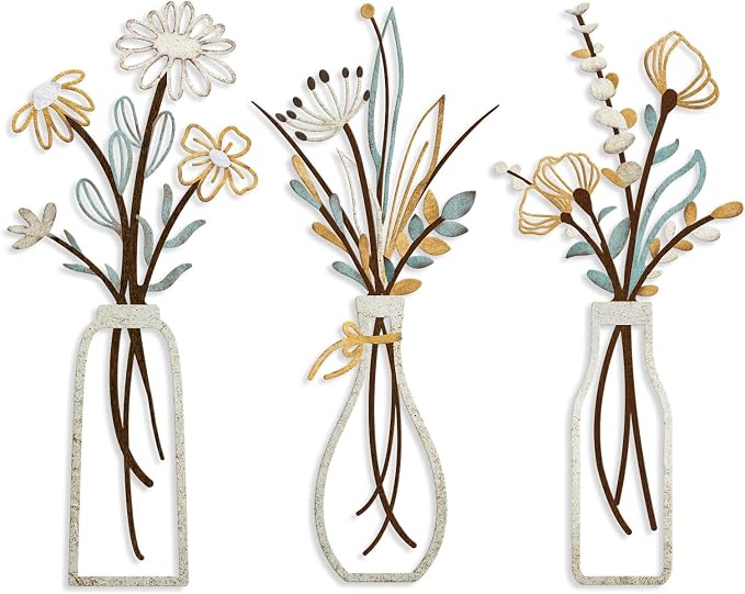 Pigort 3 Pieces Metal Flowers Wall Art- Rustic Farmhouse Decor Minimalist Decor for Living Room Bathroom Bedroom Dining Room, Housewarming Gifts Christmas Decoration(Beige, Vase-C) by Artisinfiniteloveiseternaljustlikepi