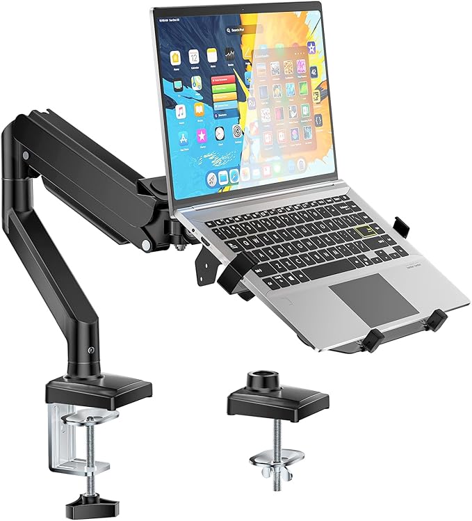 WALI Single Arm Laptop and Monitor Desk Mount for 17" Notebook and Up to 32" Screen, 2-in-1 Adjustable Gas Spring Monitor Arm with Laptop Tray, VESA 75x75 100x100,Holds 22-26.4 lbs, Black (GSMP001NLP) by WALI