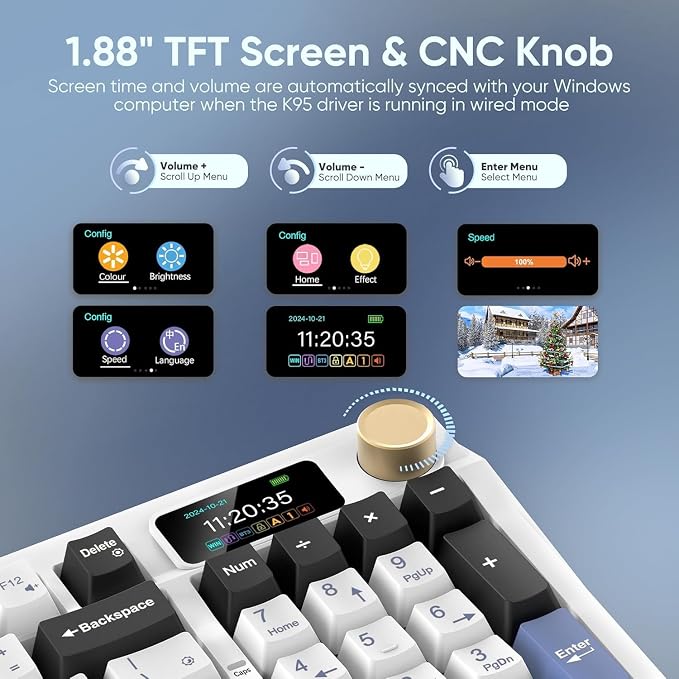 RedThunder K95 Wireless Mechanical Keyboard, TFT Screen & Knob, Tri-Mode BT5.0/2.4GHz/USB-C Hot Swappable Custom, Pre-lubed Linear Switches, Gasket Structure, RGB Gaming Keyboard, Snowy White-Blue - Image 7