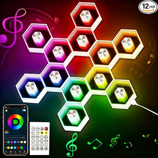 Hexagon LED Lights - 12 Pack Smart APP Gaming Decor | Gaming LED Light with Remote Control & Music Sync Honeycomb Shape Hexagon Wall Lights for Bedroom, Living Room Wall by vimeepro