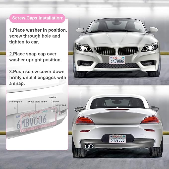 QUANQIUFEI 2 Pack Bling License Plate Frames for Women, Sparkly Rhinestone Diamond Car Accessories with Glitter Crystal Caps (Pink) - Image 5