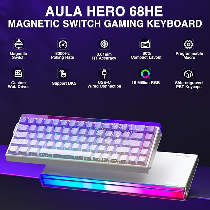 AULA Hero 68 HE 60% Gaming Keyboard Wired, Hall Effect Magnetic Switch Keyboard with Adjustable Actuation, Fast Trigger Mode, 8K Hz Polling Rate, 0.125ms Latency,Side Printed PBT Keycaps, RGB Backlit - Image 2