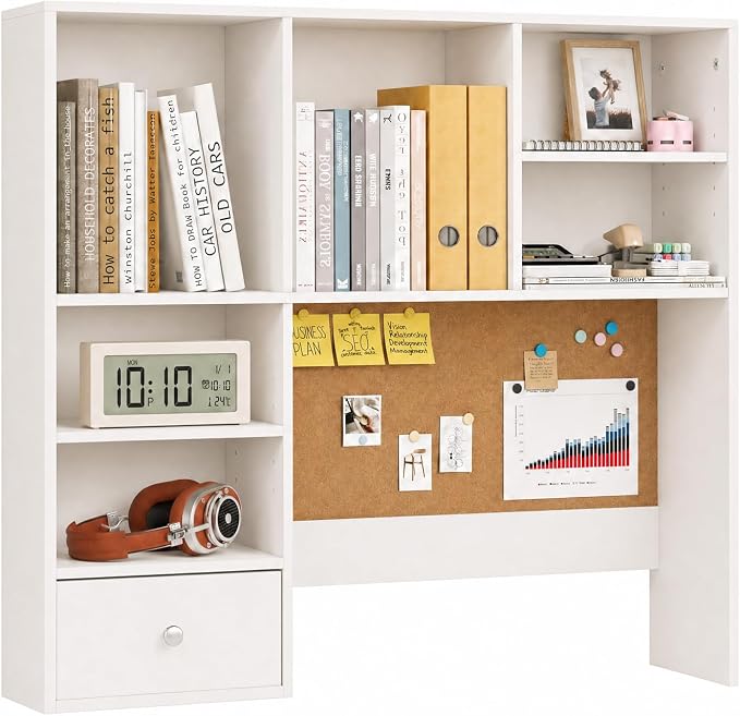 Desk Hutch Dorm with Cork Board, Shelves and Drawer | Desktop Bookshelf for College Dorm, Student Bedroom, White by ELUREVIA