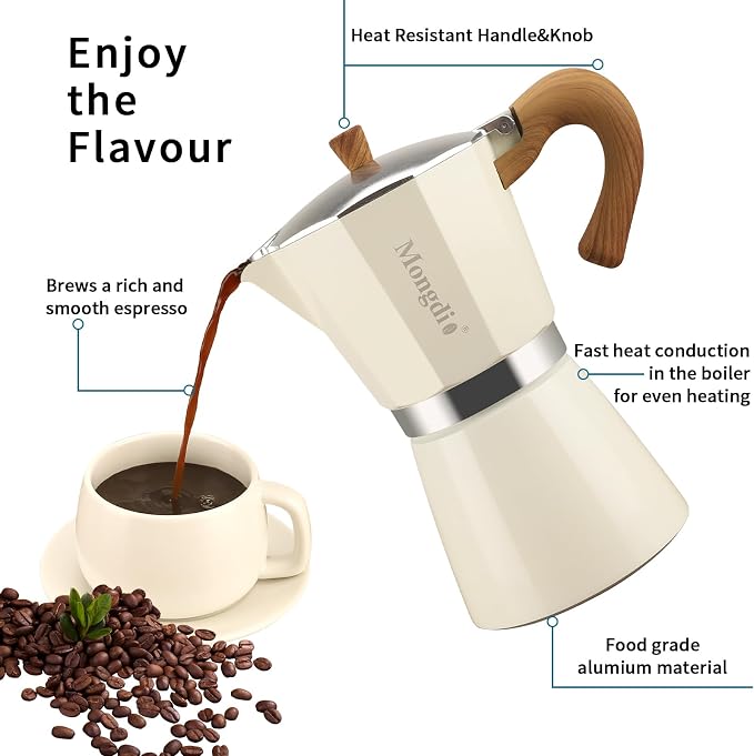 Mongdio Stovetop Espresso Maker Moka Pot, Cuban Coffee Maker Stove top coffee maker Moka Italian Espresso Greca Coffee Maker Brewer Percolator, 12 Espresso Cups, 20 oz - White - Image 3