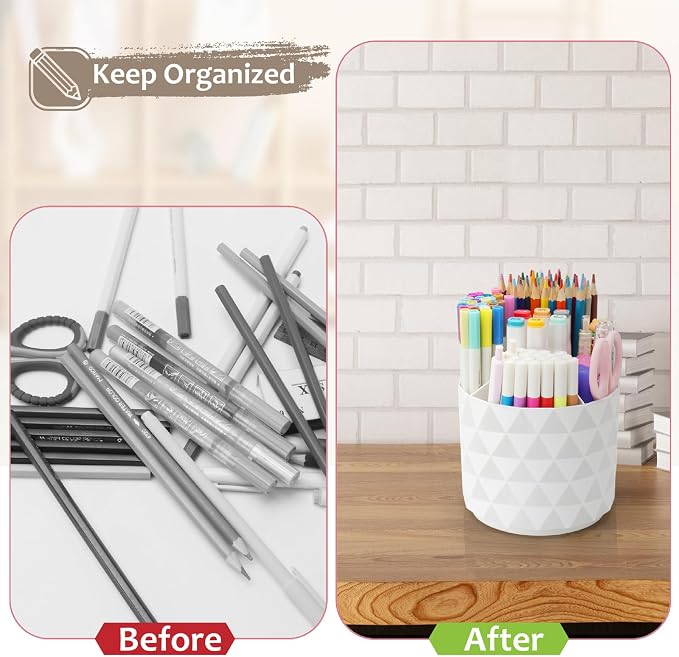 Desk Organizer, 360-Degree Rotating Pencil Pen Holders For Desk, Diamond Pattern Pen Organizer With 5 Compartments, Cute Desk Accessories Decor For Office, School,Home,Art Supply (Green) - Image 7