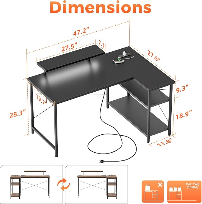 Mericonia 48 in Corner Desk with Monitor Stand, Small L Shaped Gaming Desk | Reversible Computer Desk with Power Outlets, LED Light & Storage Shelves, Office Table for Home Bedroom Study Work Writing - Image 2