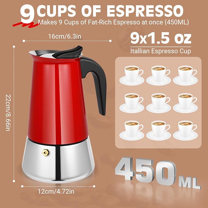 9 Cup Stainless Steel Moka Pot, 450ml Stovetop Espresso Maker, Red | 304 Stainless Steel Mocha Pot, Induction Compatible, Greca de Cafe, Cuban and Italian Coffee Maker - Image 6