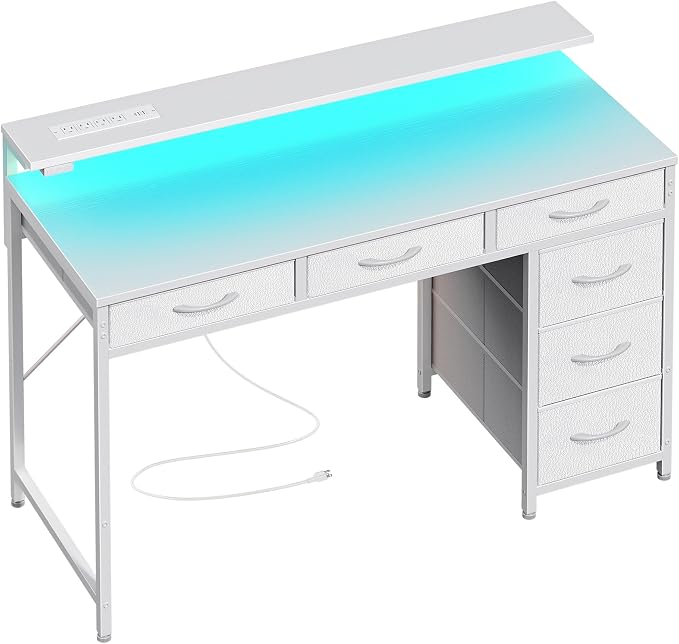 Huuger Gaming Desk with 6 Drawers, Computer Desk with LED Lights Power Outlets and Type-C, 39 Inch Office Desk with Storage, Monitor Stand, Writing Work Desk Home Office, Bedroom, White by Huuger