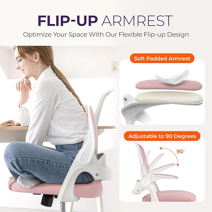 NEO CHAIR Office Desk Gaming Ergonomic Computer Chair with Lumbar Back Support Adjustable Height Swivel Rolling Wheels Flip-up Arms Mesh Chair for Home Vanity (Pink) | Lumbar Support, Height Adjustment, 360° Swivel and Rolling Base, Space-Saving Design... - Image 5