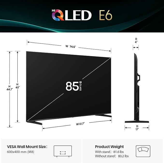 Hisense 85" E6 Cinema Series Hi-QLED 4K UHD Smart Fire TV (85E6QF) - AI Light Sensor, Dolby Vision · Atmos, Voice Remote with Alexa, Motion Rate 120, HDR 10+ Adaptive, Game Mode Plus - Image 3