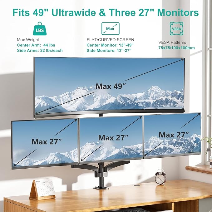 WALI 4 Monitor Mount for 13-49 inch Ultrawides on Top Bracket and 27 inch Screens on Lower Brackets, Heavy Duty Arm Extra Tall Quad Monitor Stand, up to 44 lbs (GSDM004S-P), Black - Image 2