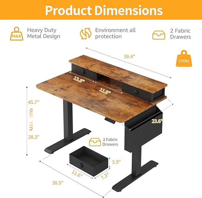 Electric Standing Desk Adjustable Height - 40 Inch Sit Stand Desk with Storage Drawers , Small Standing Desks with Shelf Monitor Stand, Kids Girls Computer Desks for Bedroom Home Office, Rustic Brown - Image 3